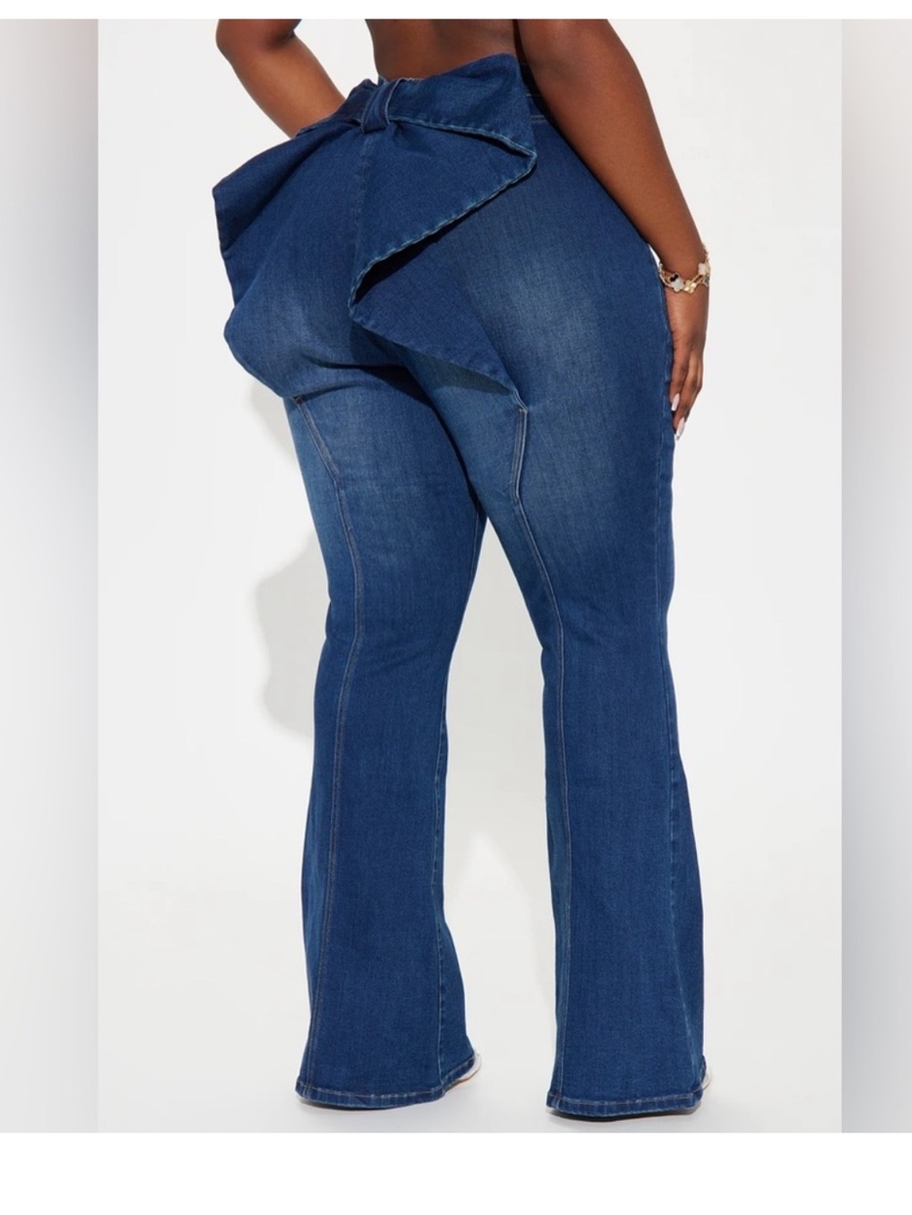 Fashion Nova Dark Blue High-Rise Flare Jeans with Back Bow Detail